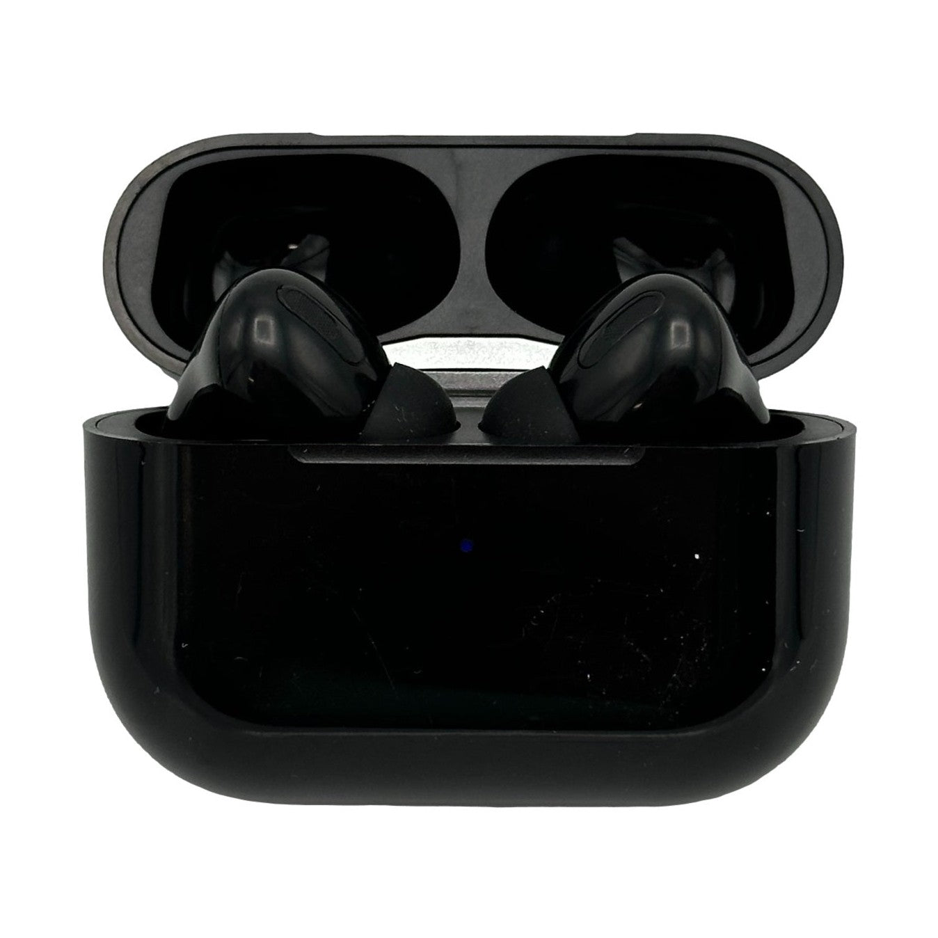 Black wireless earbuds in an open black charging case.
